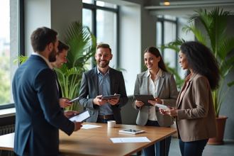 Groupe de quatre entrepreneurs en réunion dans un bureau moderne