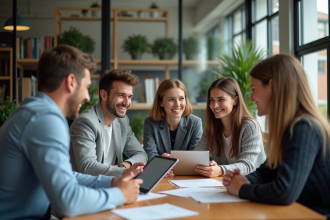 Groupe d'étudiants en discussion dans une salle moderne