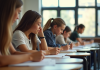 Groupe d'étudiants concentrés en examen dans une classe lumineuse