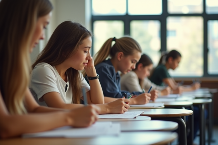 Groupe d'étudiants concentrés en examen dans une classe lumineuse