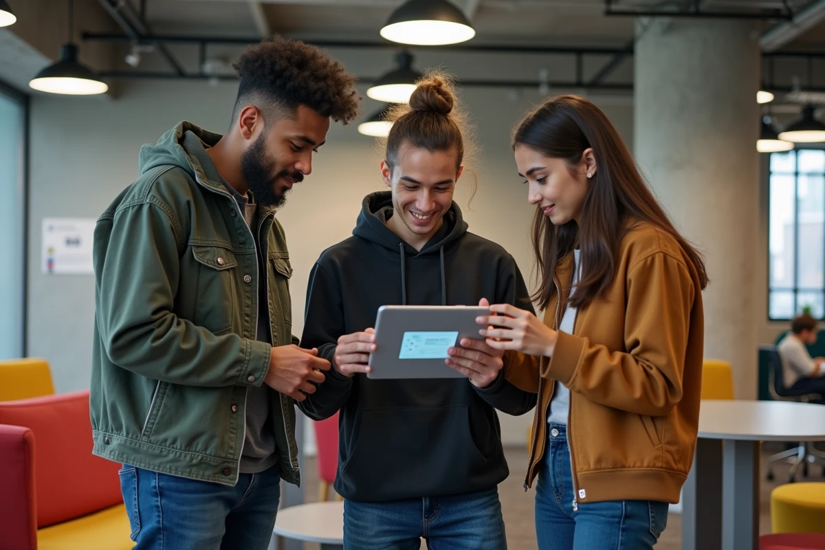 Groupe d'étudiants NEOMA consultant une plateforme numérique d'intégration sur tablette dans un espace de coworking moderne