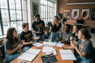 Groupe de jeunes autour d une table en classe de cinema