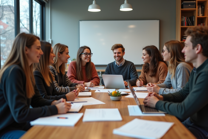 Groupe de jeunes adultes en apprentissage collaboratif