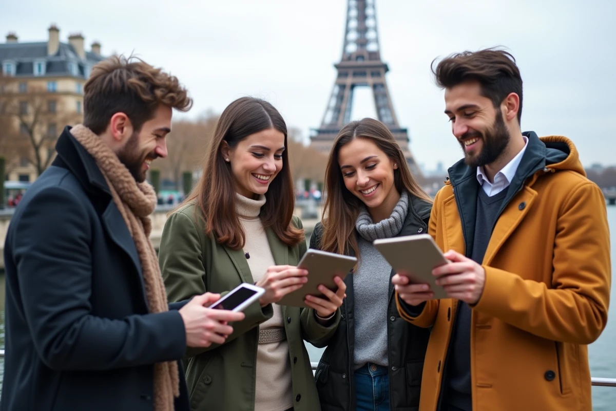 Groupe de jeunes discutant près de la Seine avec la tour Eiffel en arrière-plan