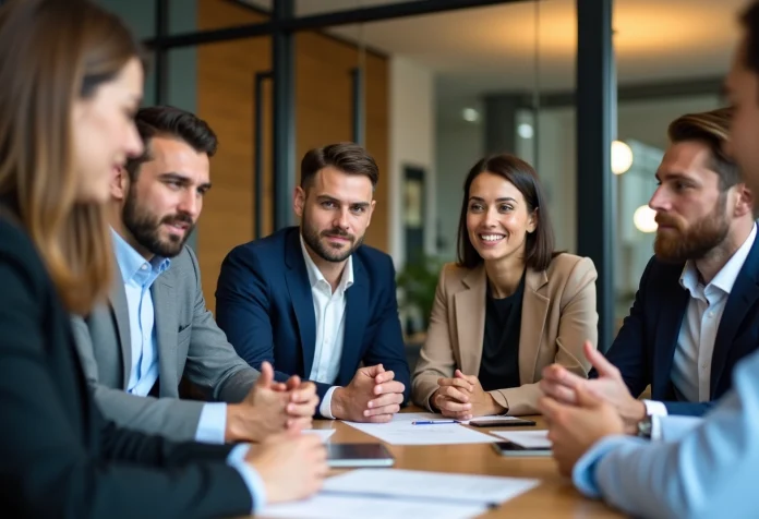 Groupe de professionnels en réunion dans un bureau moderne