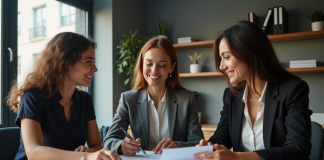 Trois professionnels en réunion dans un bureau moderne