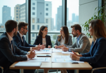 Objectif de la GPEC : définition, enjeux et mise en place efficace Groupe de professionnels en réunion dans un bureau moderne