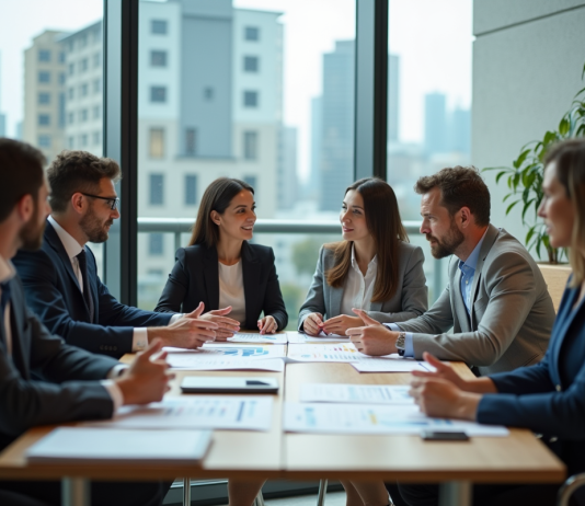 Objectif de la GPEC : définition, enjeux et mise en place efficace Groupe de professionnels en réunion dans un bureau moderne