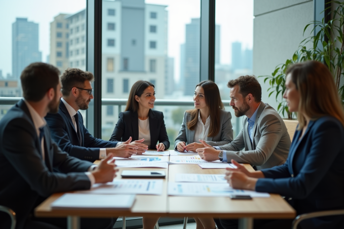 Groupe de professionnels en réunion dans un bureau moderne