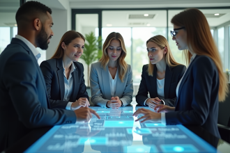 Groupe de professionnels autour d'une table holographique en réunion