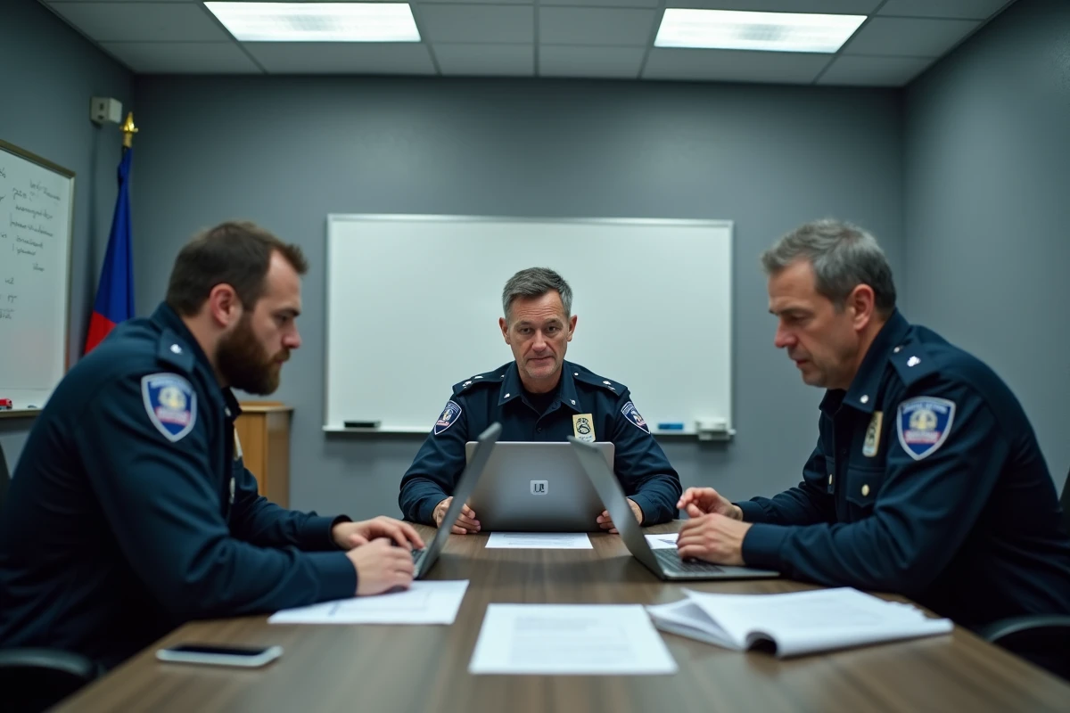 Groupe de réservistes de la police nationale en session d'apprentissage collectif autour des modules ECampus dans une salle de réunion de commissariat