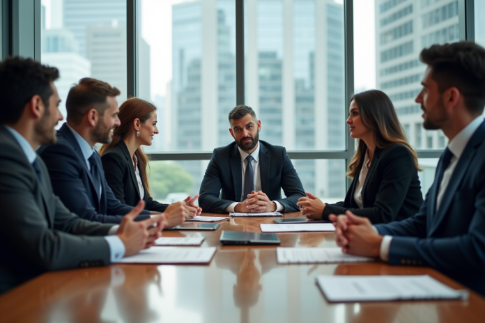 groupe-reunion-affaires Groupe de professionnels en réunion dans un bureau moderne