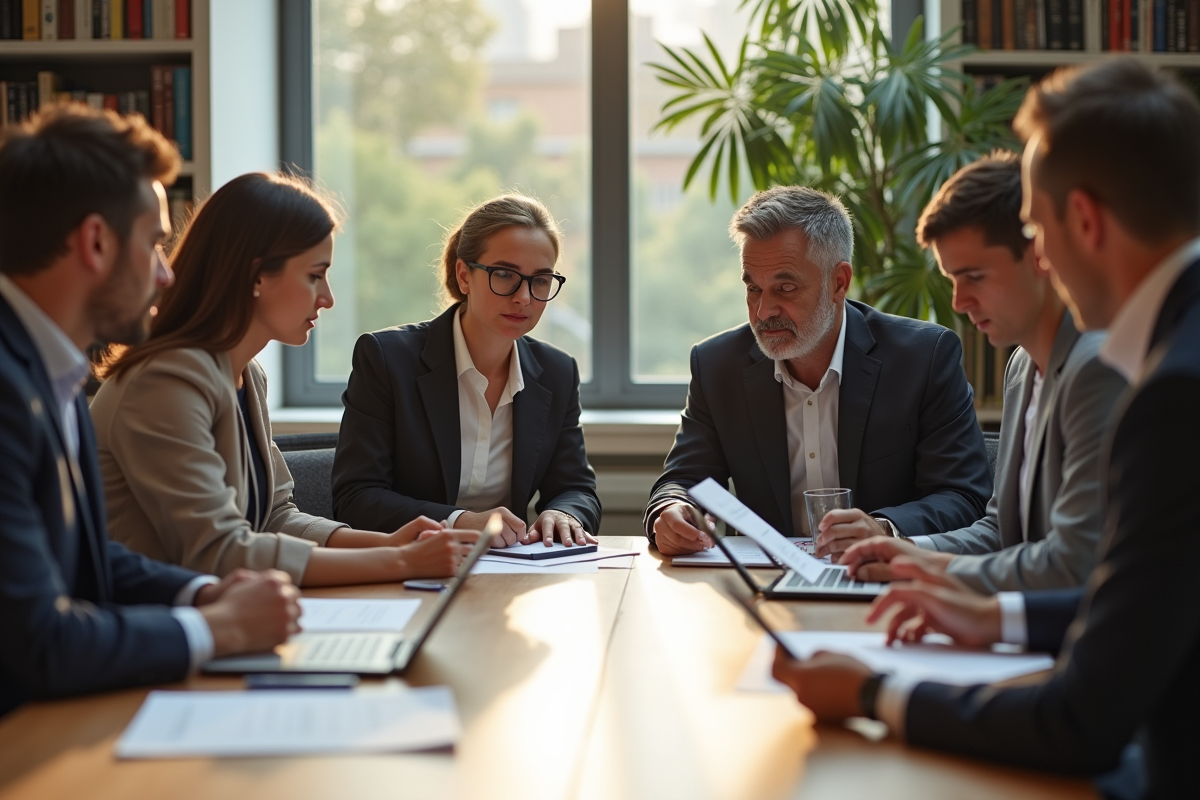 Groupe de professionnels discutant autour d une table d evaluation