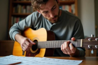 Guitariste acoustique étudiant la tablature de Let It Be sur des feuilles manuscrites posées sur une table en bois