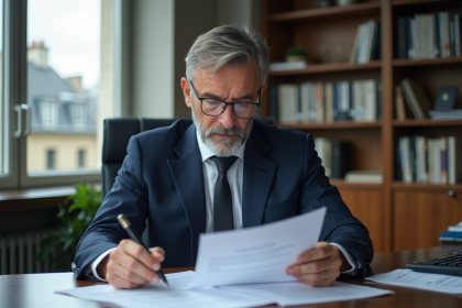 Homme d'affaires lisant des documents légaux Loi C31