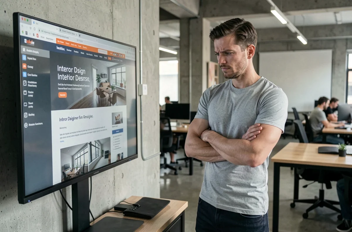 Homme analysant un site de formation en design intérieur sur un écran, réfléchissant aux critères de sélection avant inscription