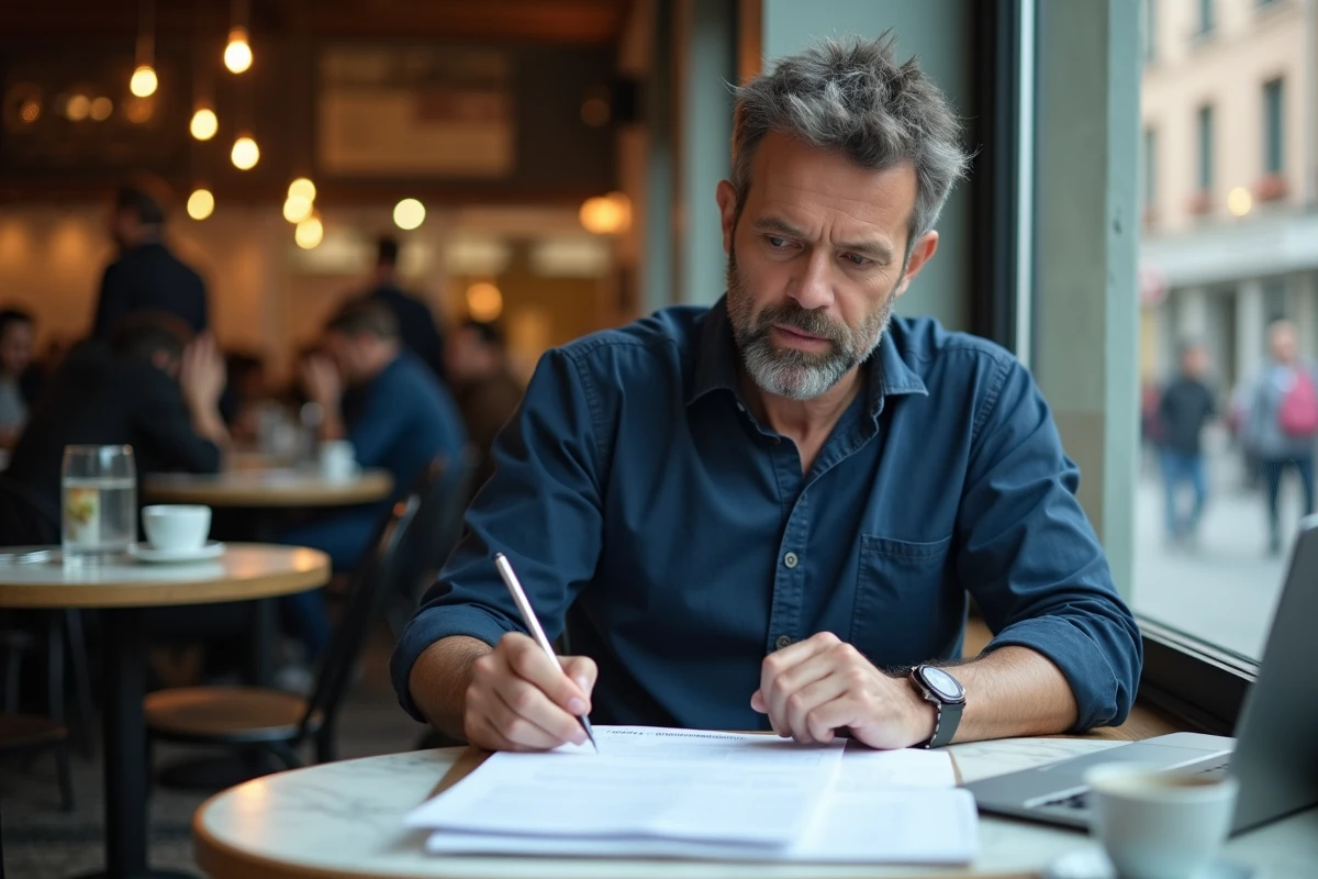 Homme annotatant un document PDF d'exercices d'écriture dans un café, représentant l'apprentissage créatif en dehors du domicile