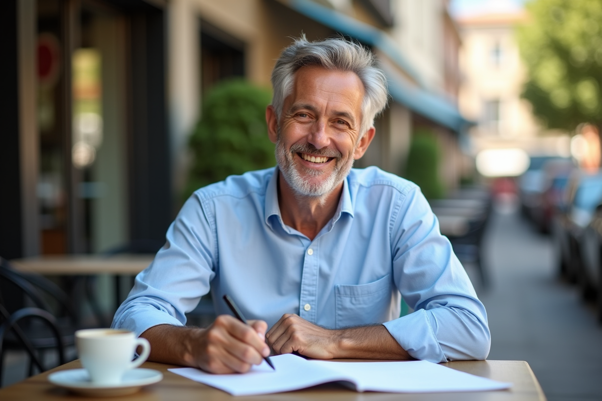 Homme écrivant des notes dans un café en plein air
