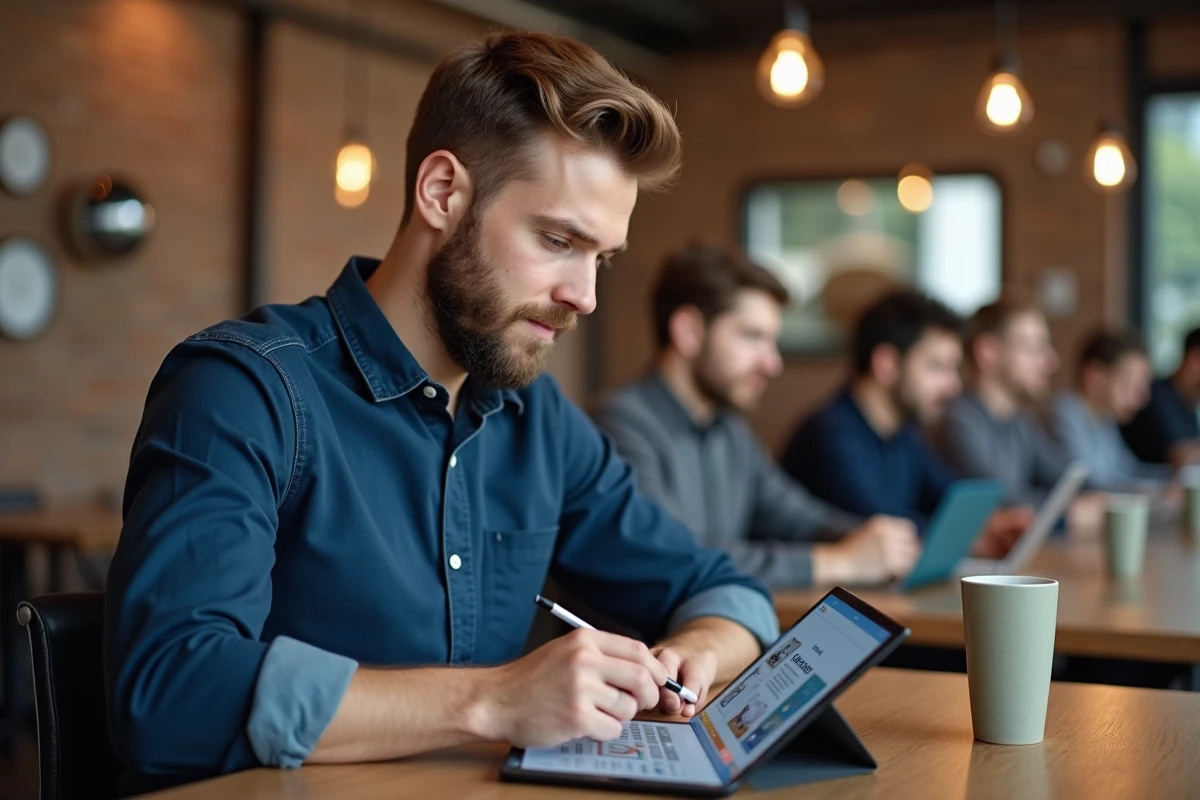 Homme utilisant Canva sur une tablette dans un espace de coworking créatif