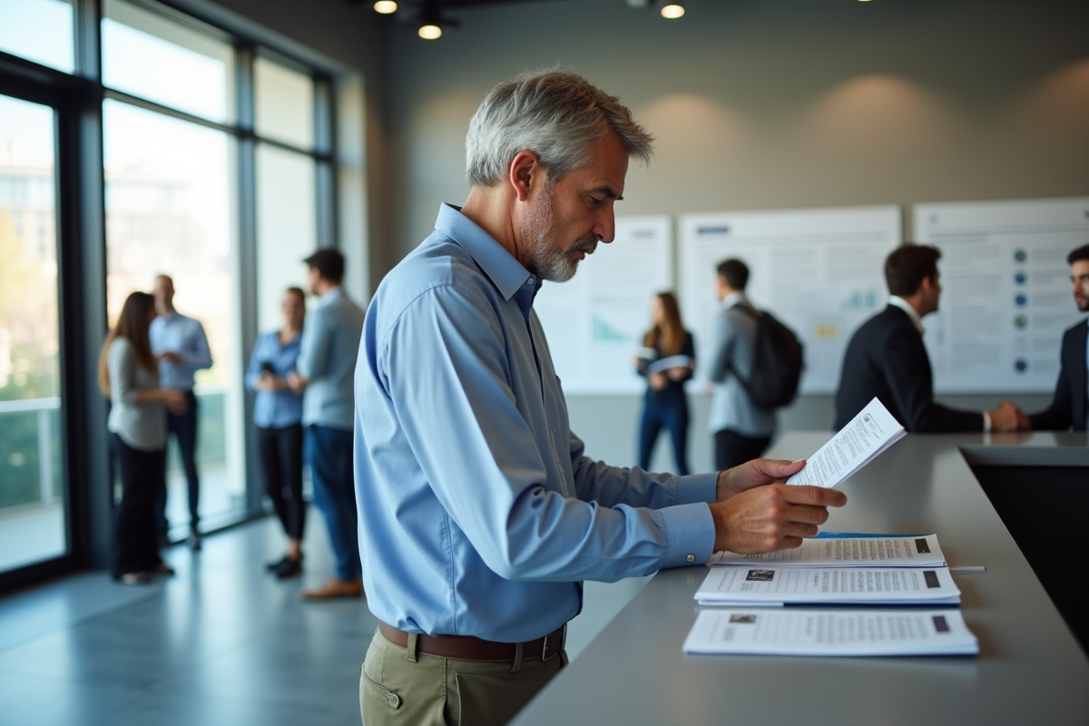Homme en formation dans un centre moderne en train de consulter un catalogue