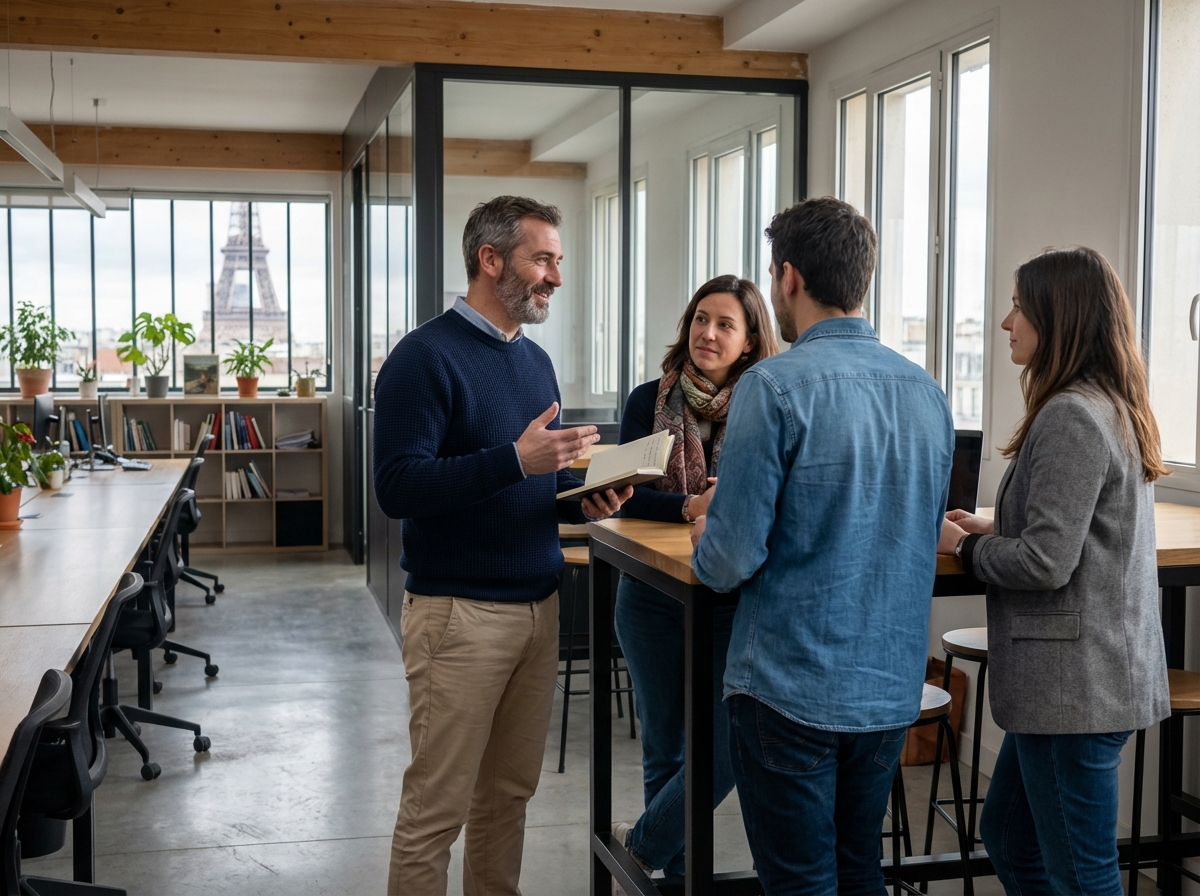 Homme d age moyen discutant dans un espace de coworking moderne