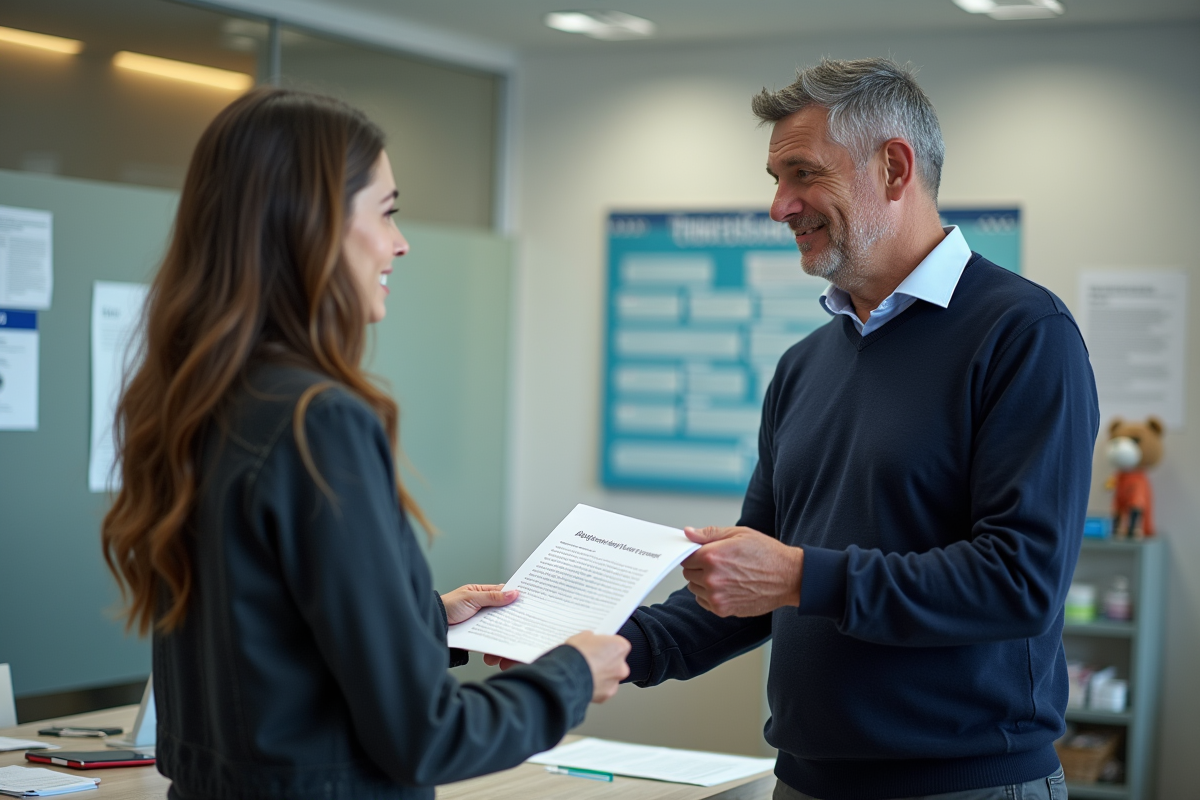 Homme remet des documents à une jeune femme dans un bureau administratif