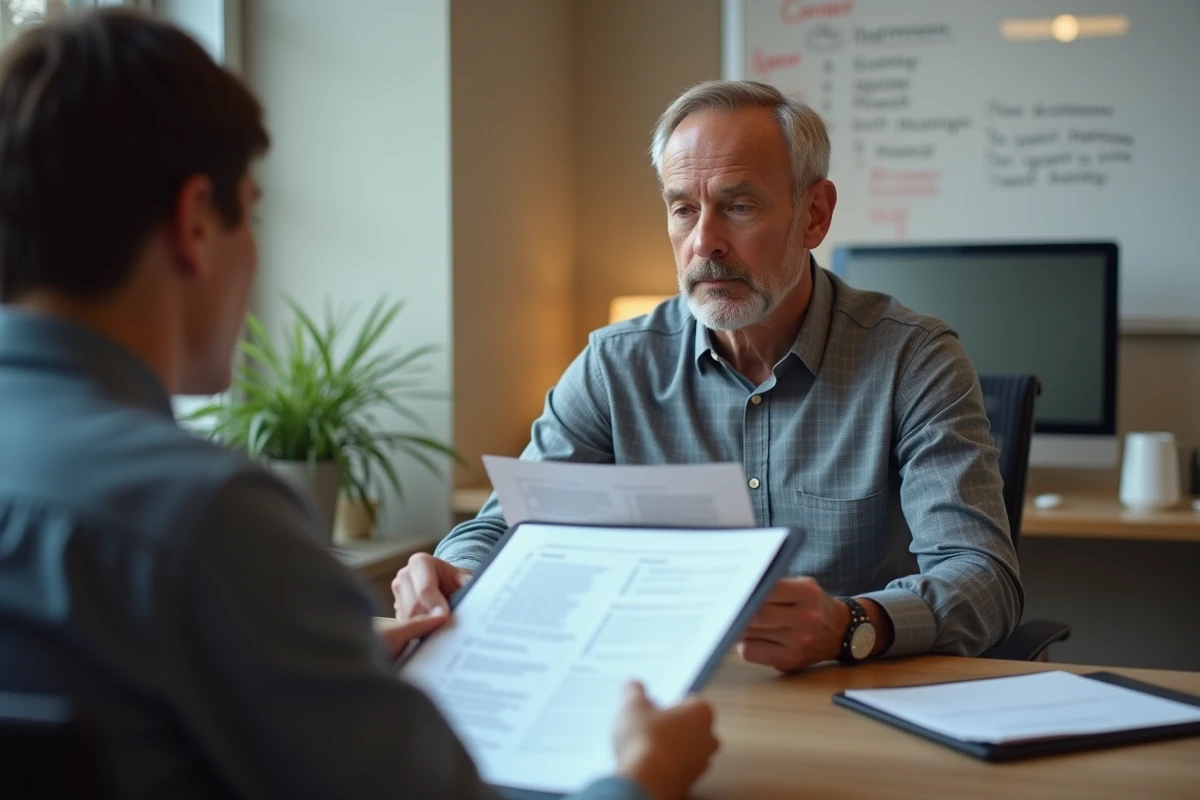 Homme en entretien de conseil avec un conseiller Solerys Pôle Emploi tenant son CV et ses documents