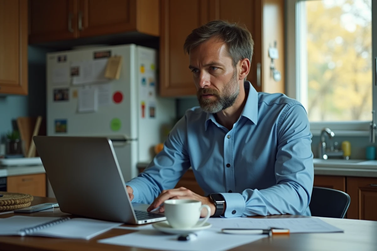 Homme étudiant à la cuisine avec ordinateur et notes manuscrites