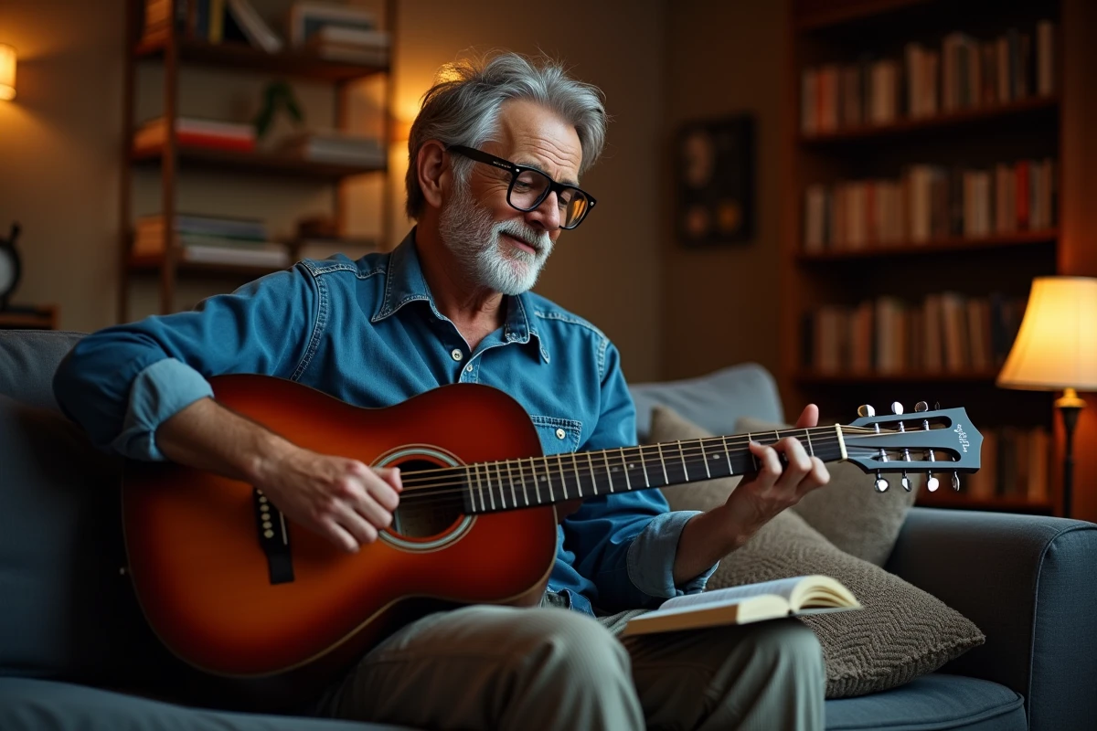 Homme d'âge mûr jouant Let It Be à la guitare acoustique le soir dans un salon chaleureux avec une tablature imprimée