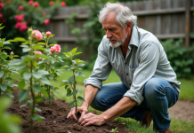 Jardin : Qui est le philosophe créateur ? Homme d'âge moyen plantant des jeunes arbres dans un jardin