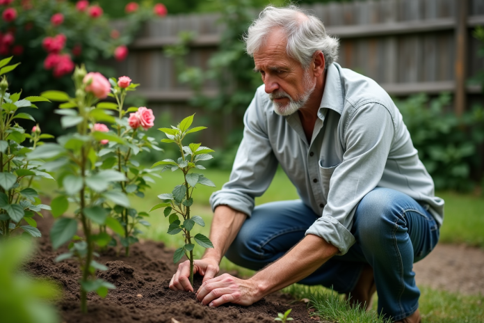 Homme d'âge moyen plantant des jeunes arbres dans un jardin