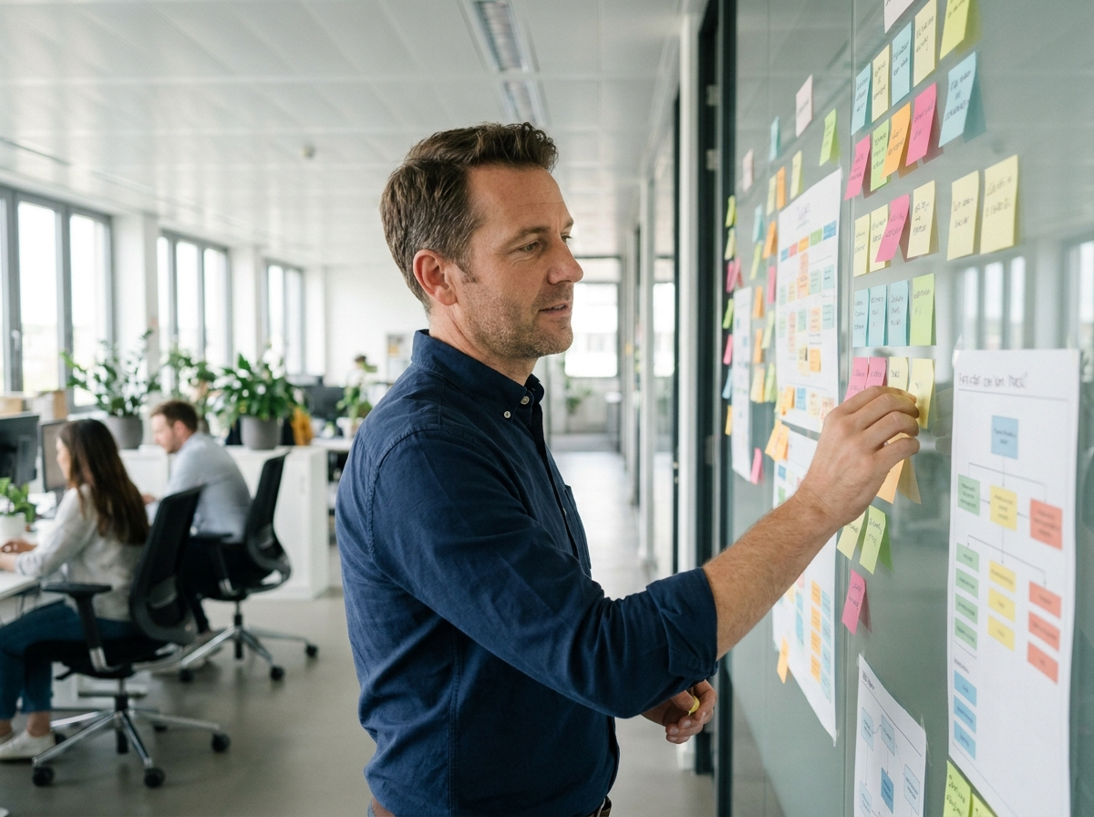 Homme en open space organisant des notes adhésives colorées sur une paroi vitrée dans un bureau moderne
