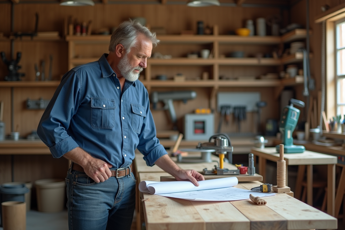 Ouvrier vérifiant des plans dans son atelier