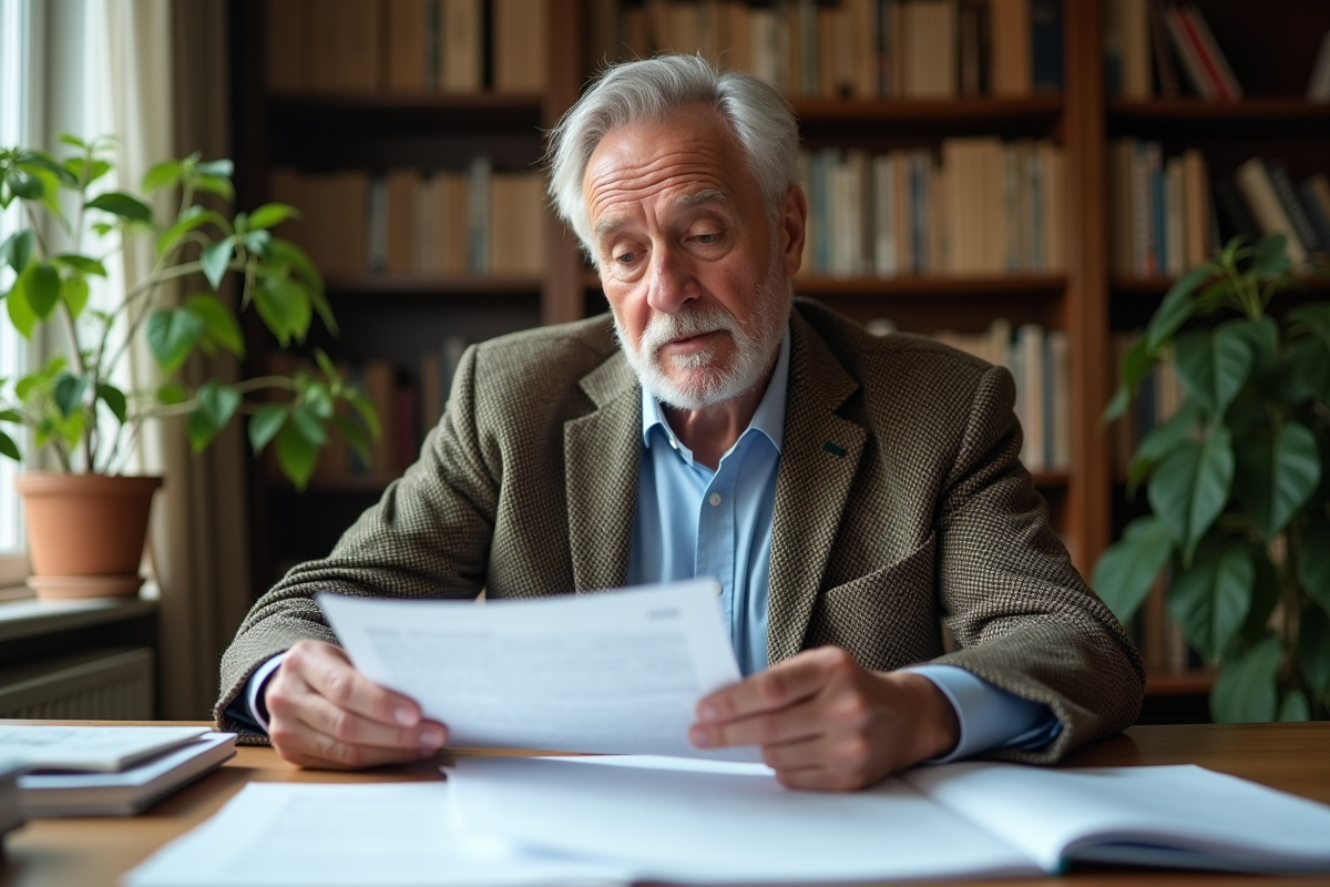 Chercheur homme lisant des papiers dans un bureau lumineux