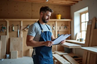 Homme en reconversion professionnelle dans un atelier de bricolage étudiant un plan de formation CPF