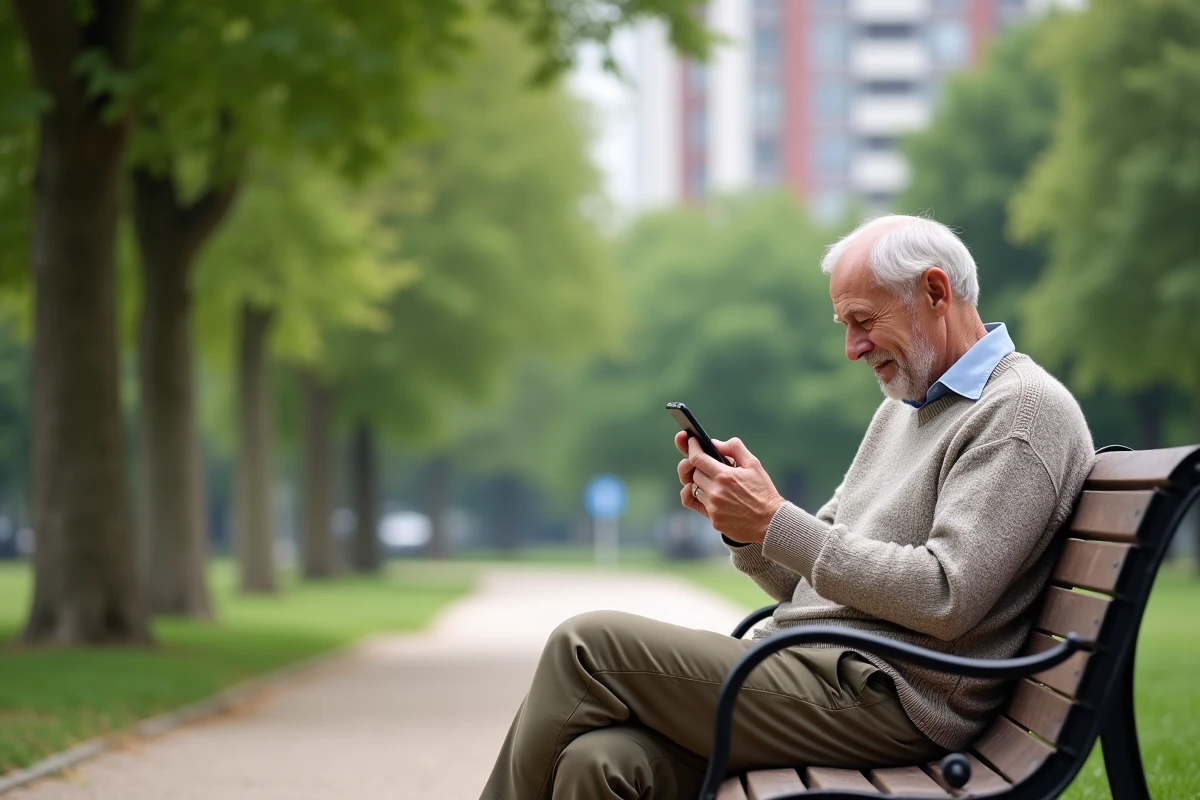 Homme senior assis dans un parc regardant son smartphone