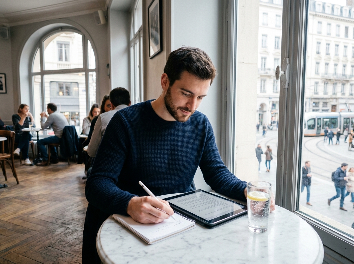 Homme en télétravail consultant des documents sur une tablette dans un café lyonnais avec vue sur la rue