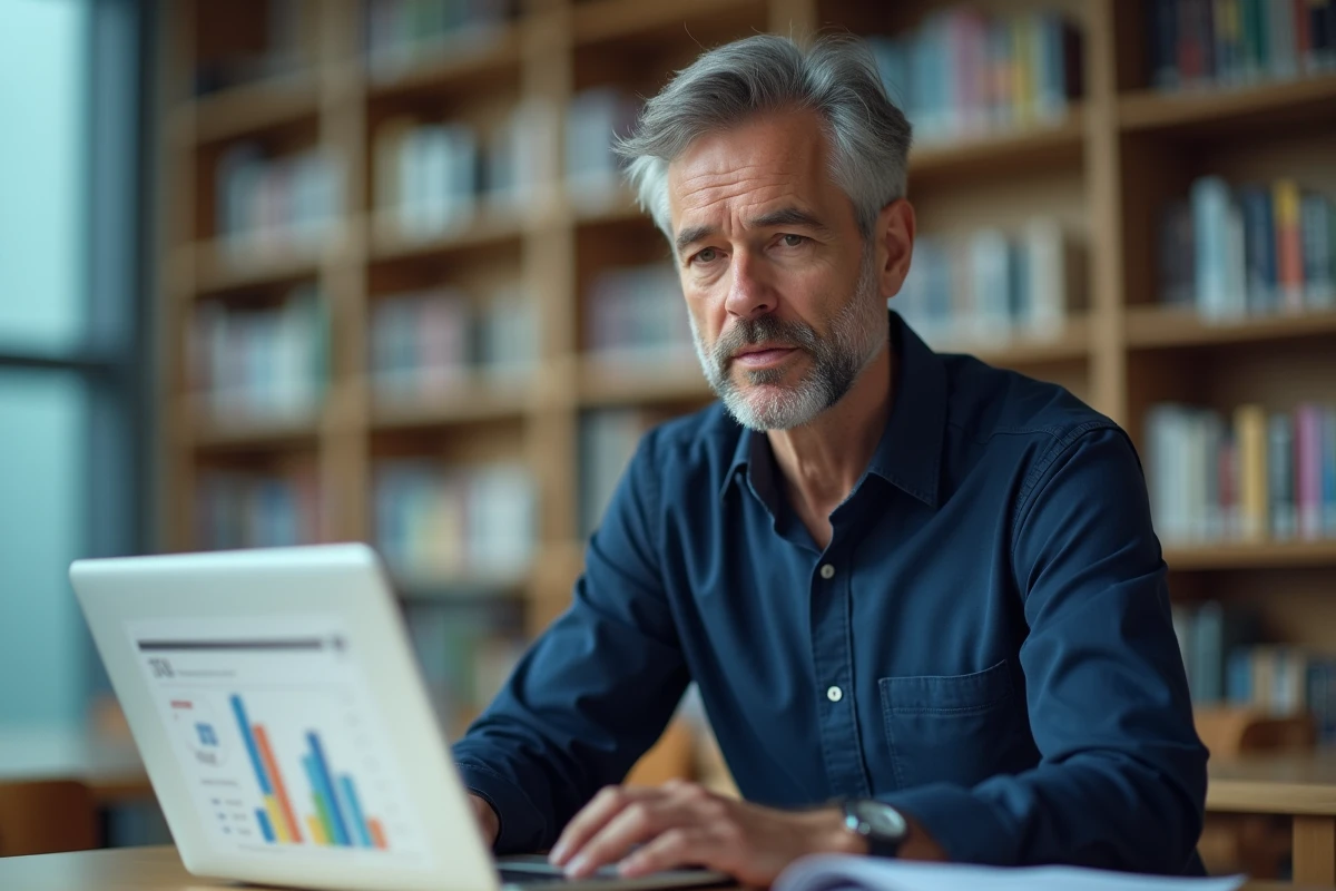 Homme évaluant la fiabilité scientifique d'un test de QI gratuit en ligne sur un ordinateur portable en bibliothèque