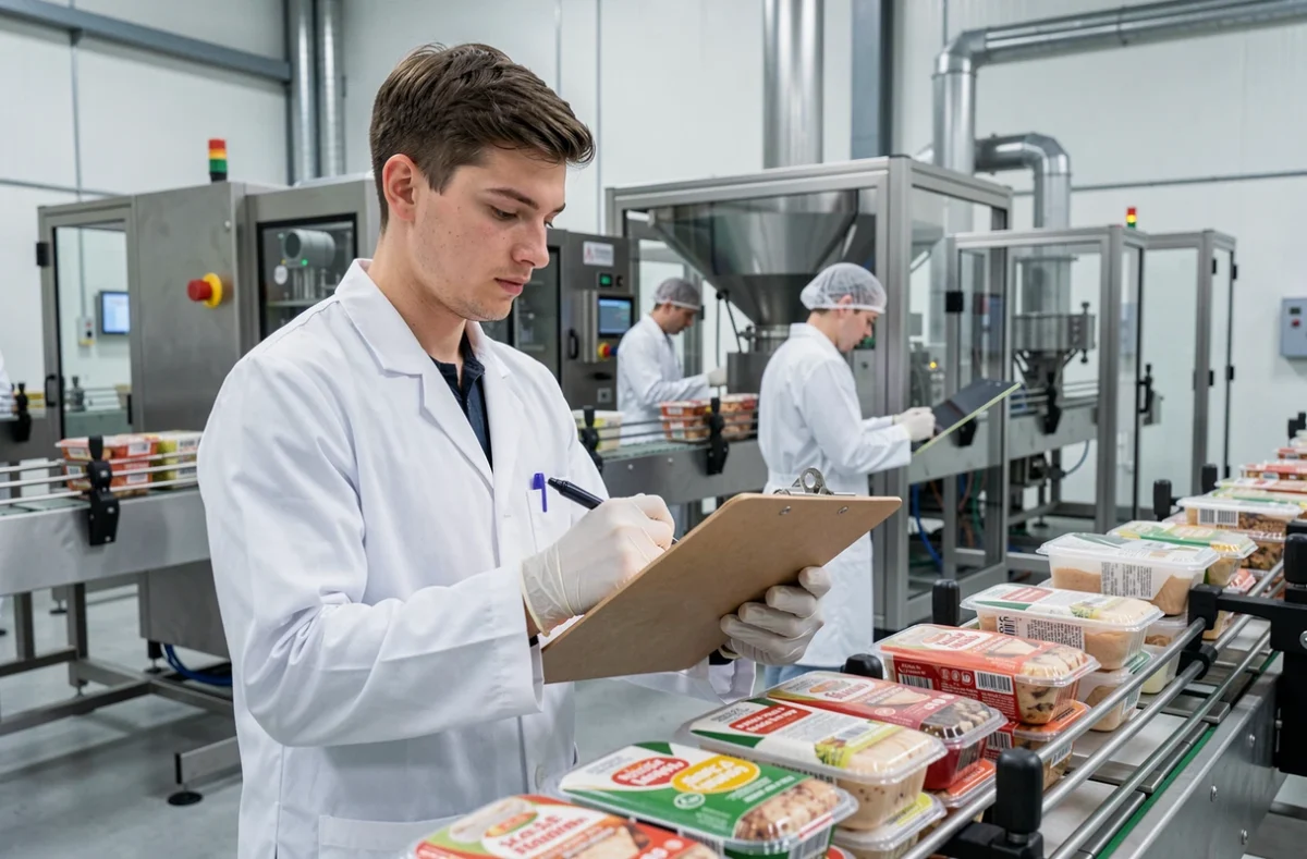 Alternant de l'IFRIA Sud PACA contrôlant la qualité de produits agroalimentaires sur une ligne de production industrielle dans le sud de la France
