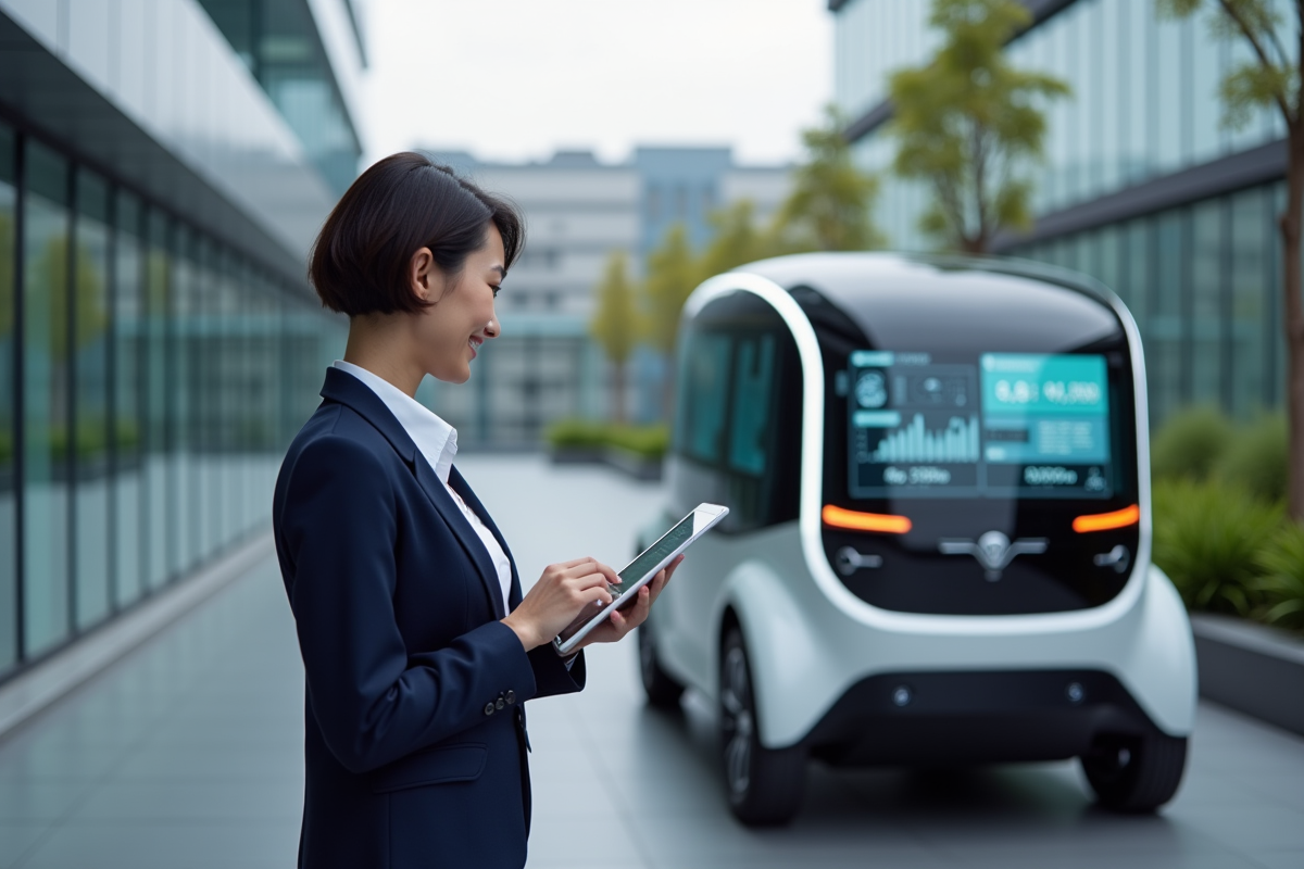 Ingénieure inspectant une voiture électrique autonome en extérieur