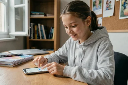 Adolescente installant l'application ENT Aisne NEO sur son smartphone dans sa chambre d'étudiant