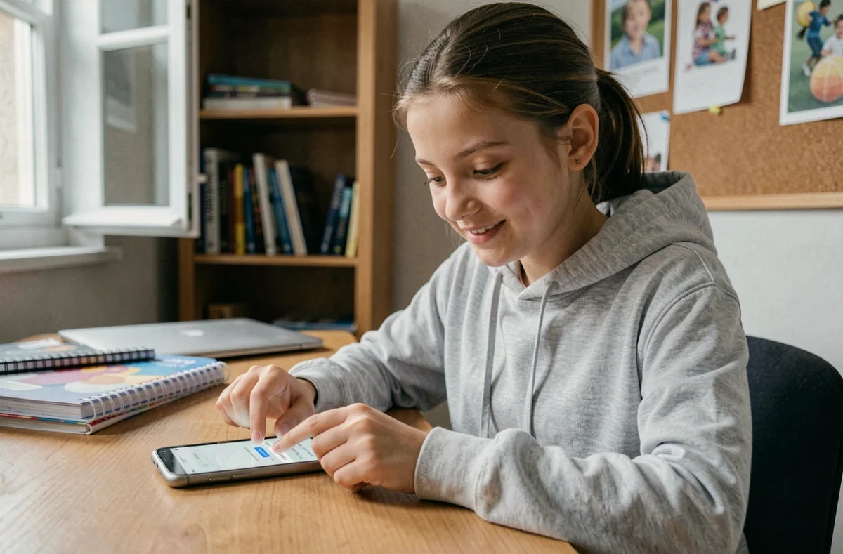 Adolescente installant l'application ENT Aisne NEO sur son smartphone dans sa chambre d'étudiant