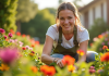 Jardinier souriant entre fleurs colorées en plein soleil