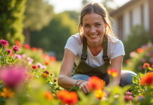Jardinier souriant entre fleurs colorées en plein soleil