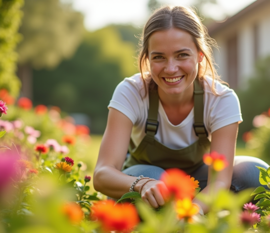 Jardinier souriant entre fleurs colorées en plein soleil