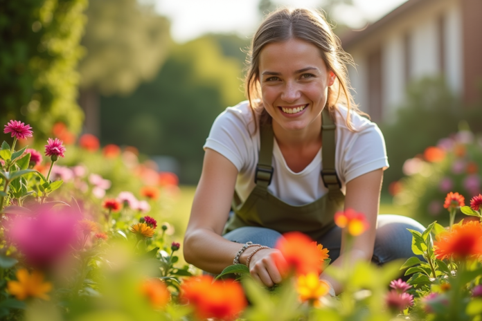 Jardinier souriant entre fleurs colorées en plein soleil