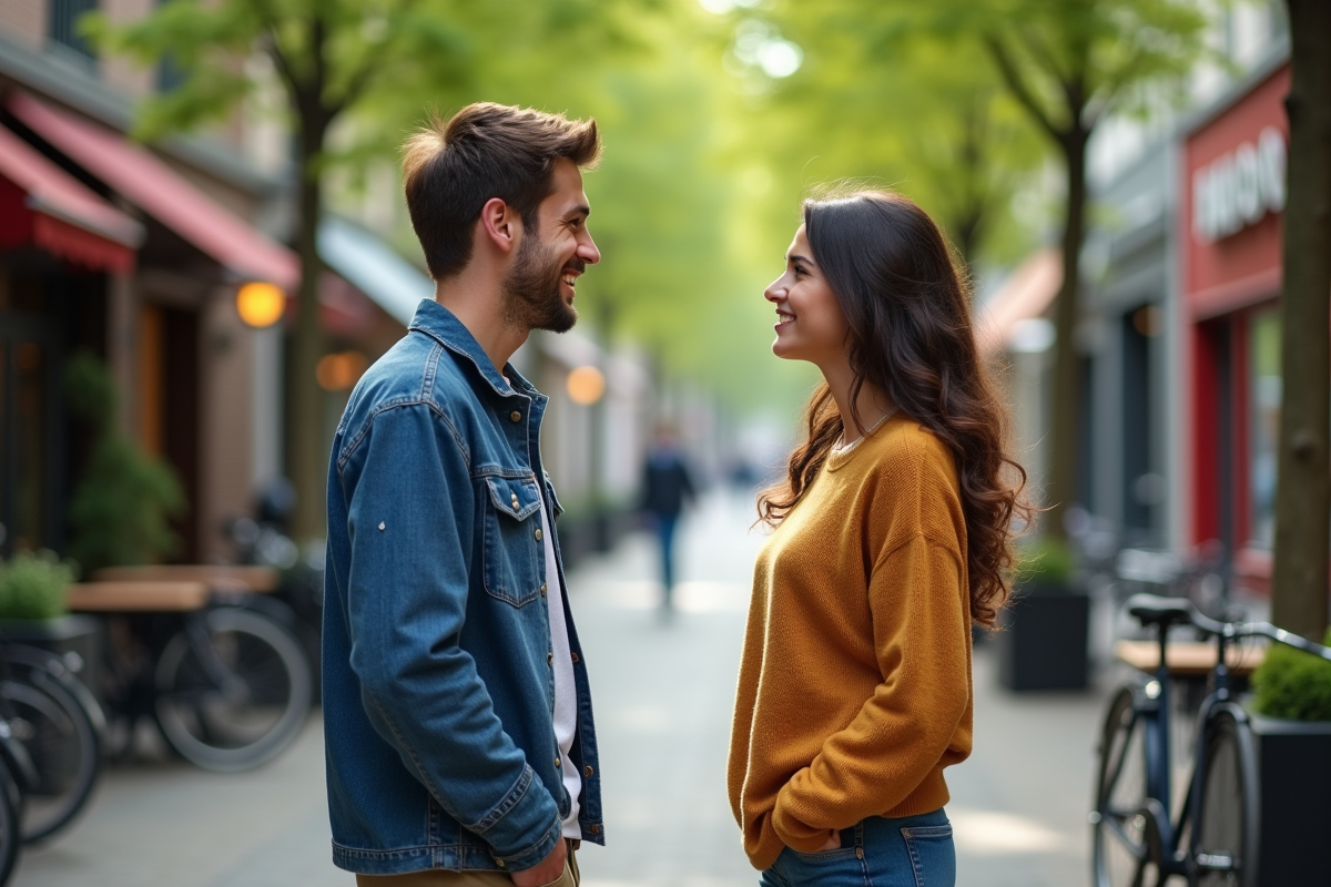 Jeune homme et femme discutant sur un trottoir urbain