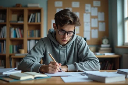 Jeune étudiant médical concentré à étudier dans une salle cosy