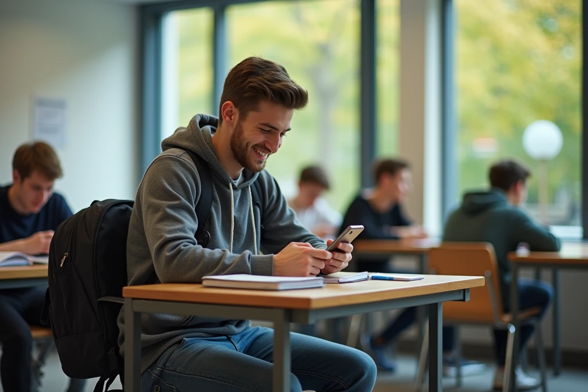 Jeune étudiant souriant avec smartphone dans un espace universitaire