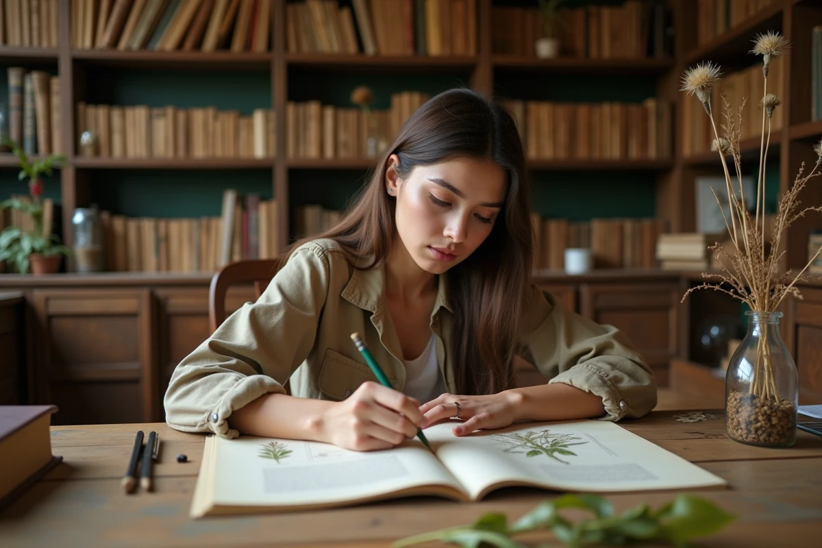 Jeune étudiante dessinant une feuille dans un bureau ancien